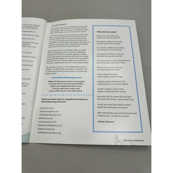 Babyville Boutique Book 35076 DIY Cloth Diapers Made Easy Uncut Sewing Pattern - Picture 7 of 7